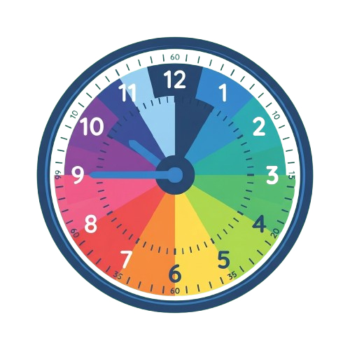 A round clock with gradient color segments and black numbers from 1 to 12 around the edge.
