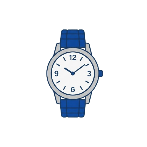 A wristwatch with a blue textured band and silver case showing white face with black numbers and hands