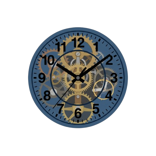 A steampunk-inspired clock with intricate brass gears and blue dial showing the time as 10:10.
