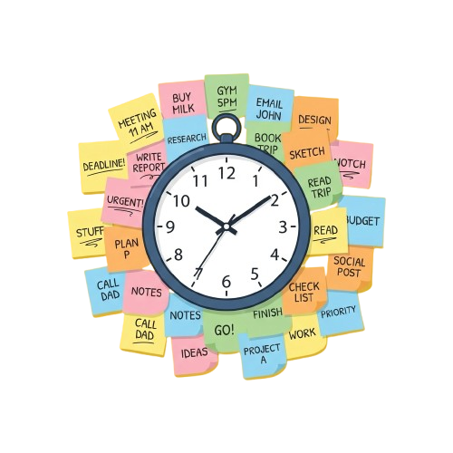 Clock surrounded by colorful sticky notes with various task reminders and to-do items