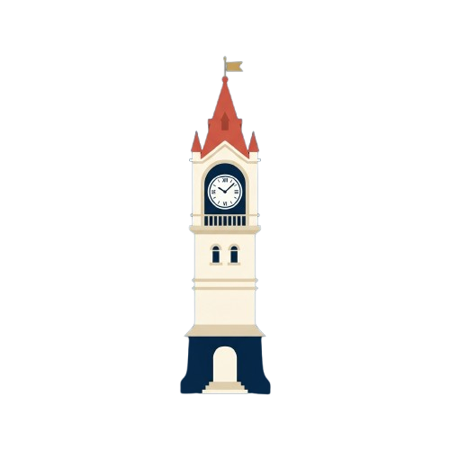 A stylized illustration of a clock tower with a red pointed roof, white body, blue base, and a clock face showing time.