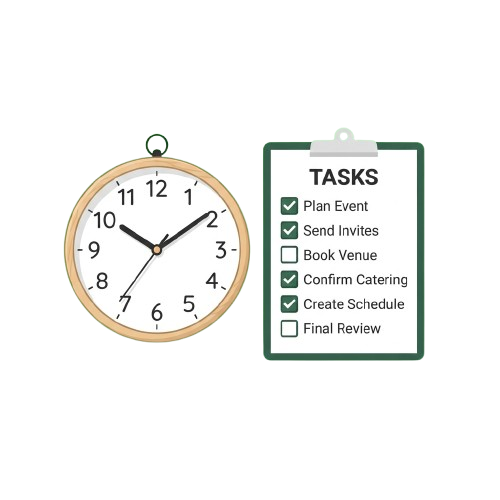 Clock showing time with checklist of event planning tasks including booked and pending items