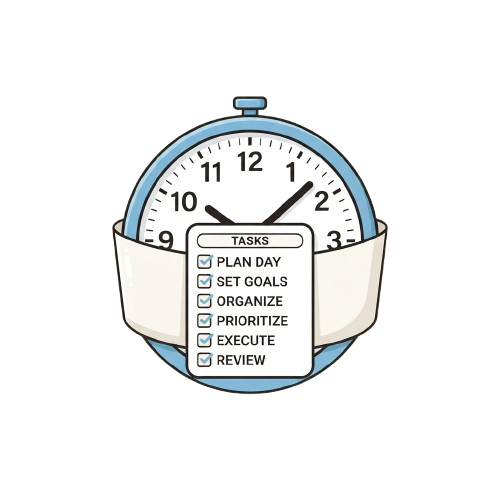 Clock with strap showing checklist of tasks including plan day, set goals, organize, prioritize, execute, and review
