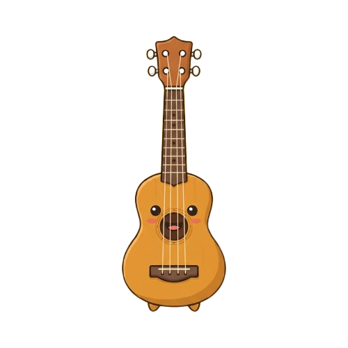 A cheerful cartoon ukulele with a smiling face and four tuning pegs on top