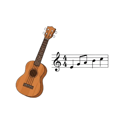 An illustrated ukulele with basic musical notes on a staff