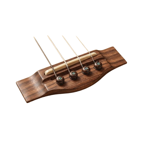 Close-up of a wooden guitar neck with four tuning pegs and strings attached