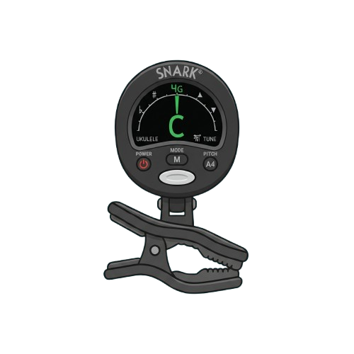 Clip-on tuner device attached to a black background, showing a green C note indicator on its display