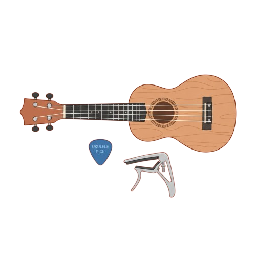 Illustration of a light brown ukulele with a blue pick and a silver capo on a black background