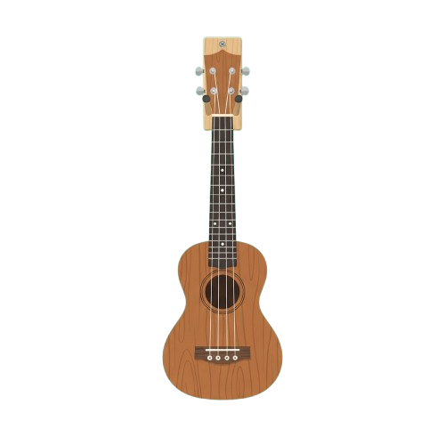A light brown wooden ukulele displayed against a black background