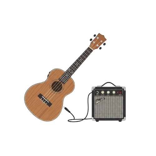 An acoustic guitar connected by cable to a small amplifier on a black background