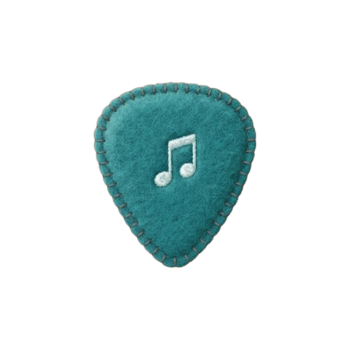 A teal felt guitar pick featuring a white musical note symbol in the center