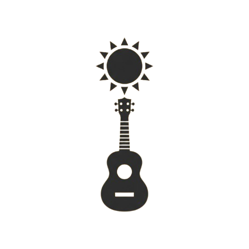 Ukulele with a sun-shaped pickguard featuring sun rays design