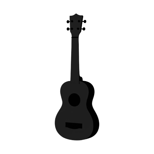 Outline drawing of a ukulele shown in black and white silhouette