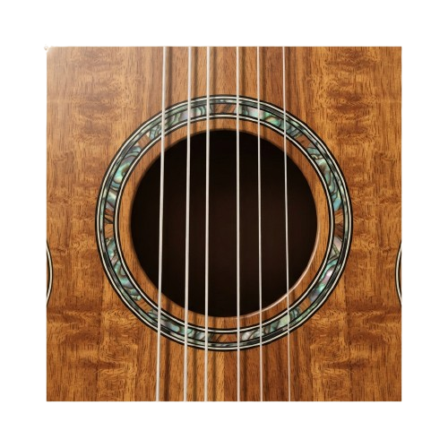 Close-up of a wooden acoustic guitar showing the soundhole and polished wood grain