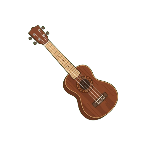 A brown wooden ukulele with four strings and tuning pegs shown against a dark background