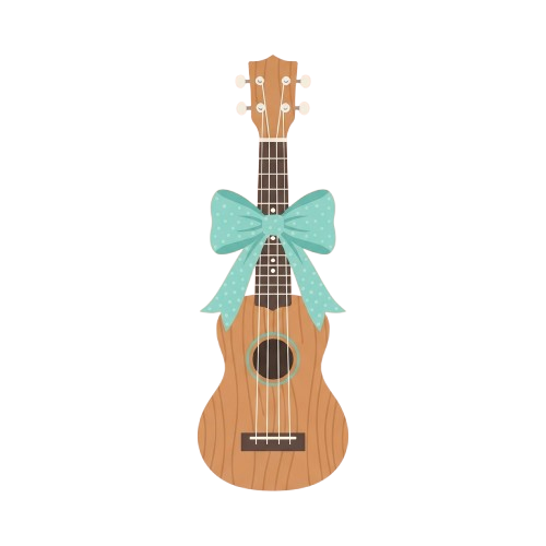 A light brown ukulele adorned with a turquoise bow tied around its neck against a black background