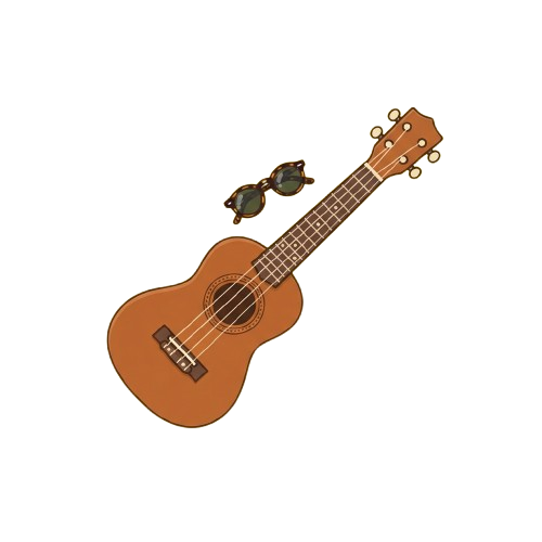 Illustration of a brown ukulele with a small turtle wearing sunglasses on the neck