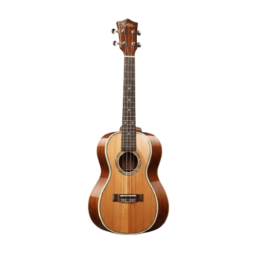 A light brown ukulele with a glossy finish and rosewood fingerboard displayed against a black background