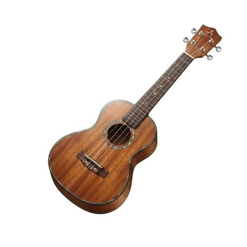 A light brown acoustic ukulele with a glossy finish and four nylon strings.