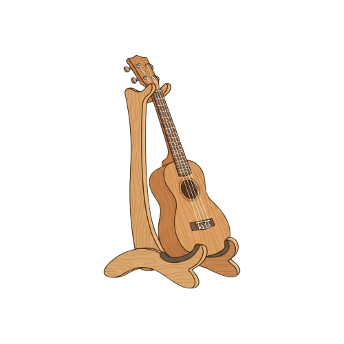 A cartoon ukulele standing upright on two legs against a black background