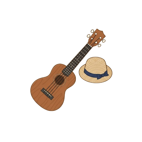 Illustration of a brown ukulele and a light-colored straw hat with a dark band.