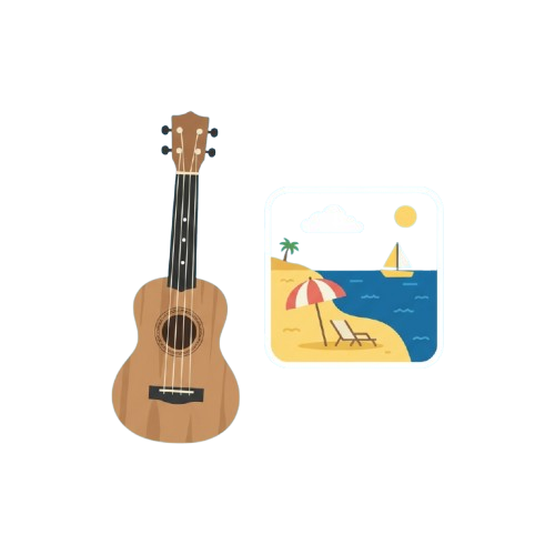 A ukulele next to a beach scene with palm trees, an umbrella, and a sailboat under a moonlit sky