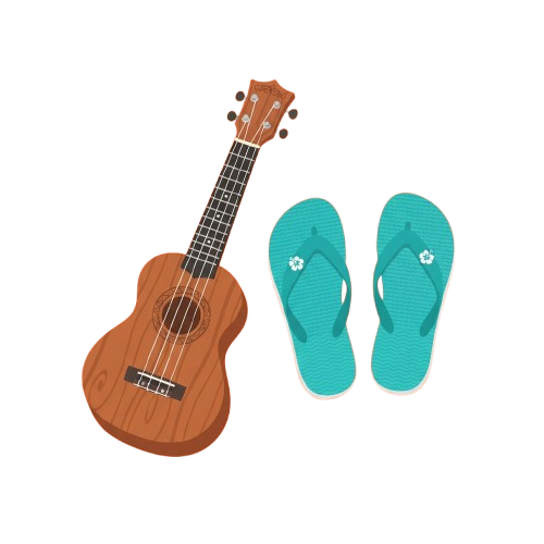 Illustration of a brown ukulele and a pair of turquoise flip flops on a black background