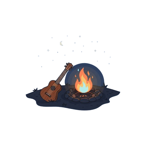 A guitar leaning against a campfire under a starry night sky with a crescent moon