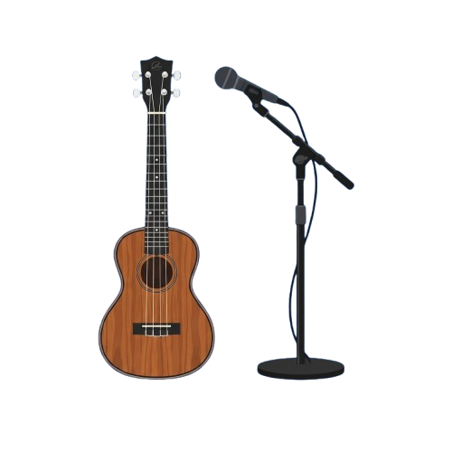 Illustration of a wooden ukulele and a microphone on a stand against a black background