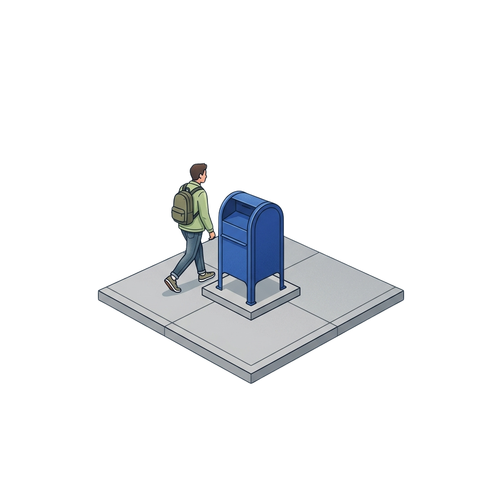 A person in a light green jacket and backpack approaching a blue mailbox on a raised platform.