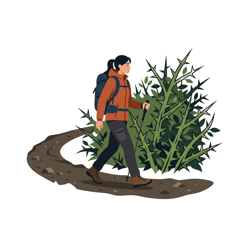 Person hiking at night on a dirt trail holding a walking stick and flashlight, surrounded by plants.