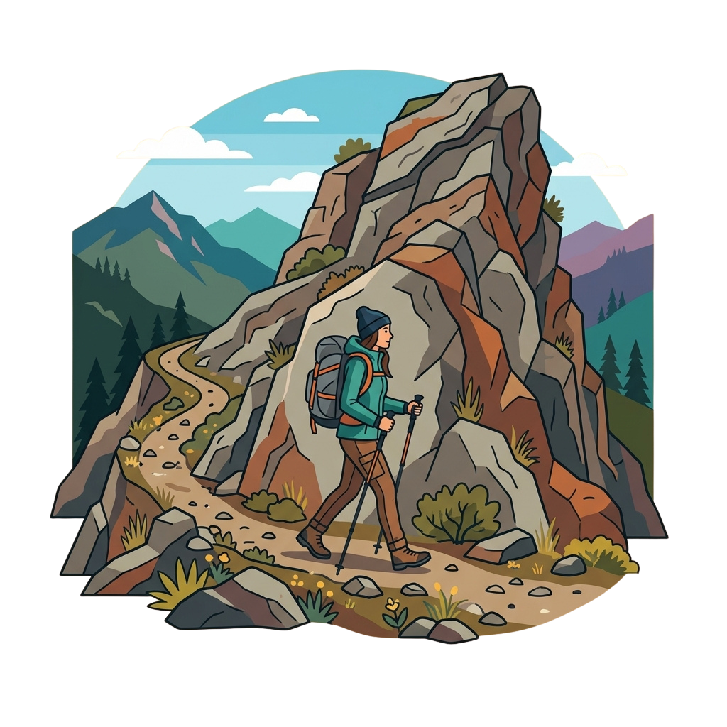 A hiker in outdoor gear trekking along a rocky mountain trail with a backpack and trekking poles