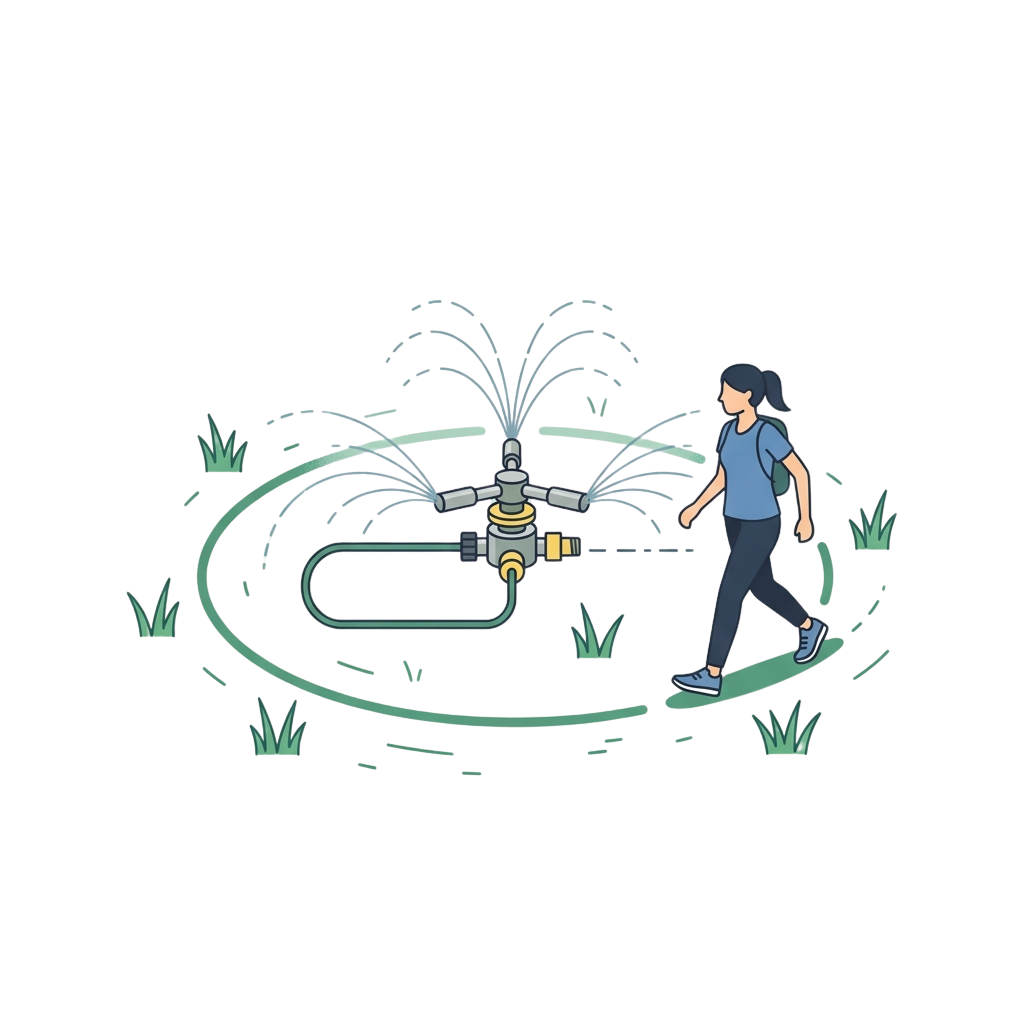 Illustration of a person using a hose with a sprinkler attachment to water a garden at night