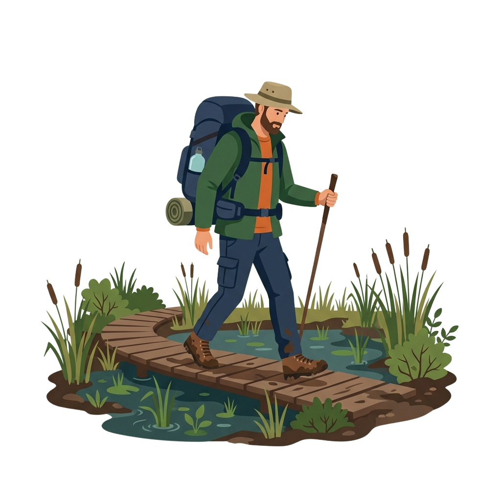 Illustration of a hiker with a backpack and trekking pole crossing a small wooden bridge over water with tall plants around