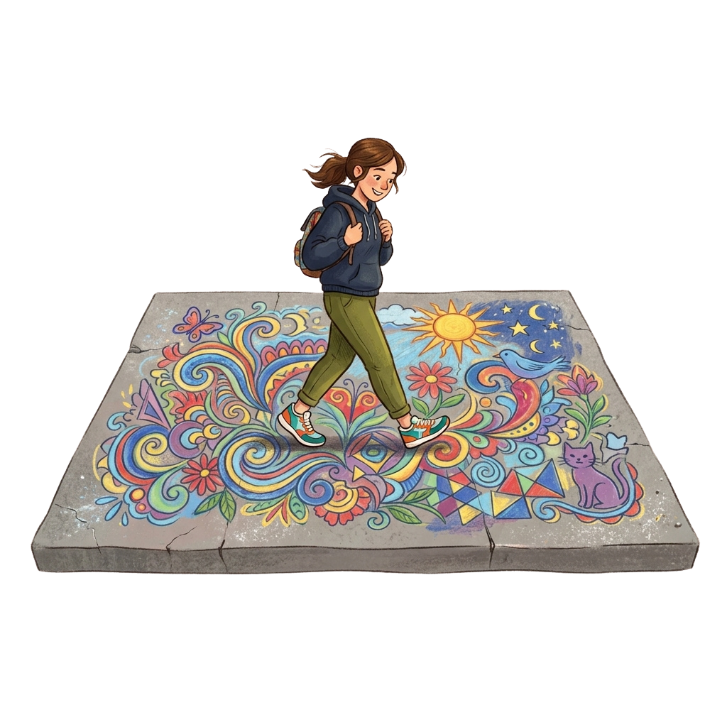 A girl in a jacket and pants walking on a vibrant chalk-drawn sidewalk featuring flowers, cats, sun, and moon.