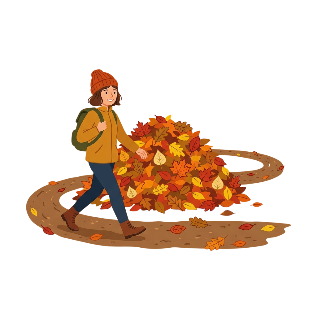 A person in a yellow jacket and brown hat walking on a winding path covered with autumn leaves