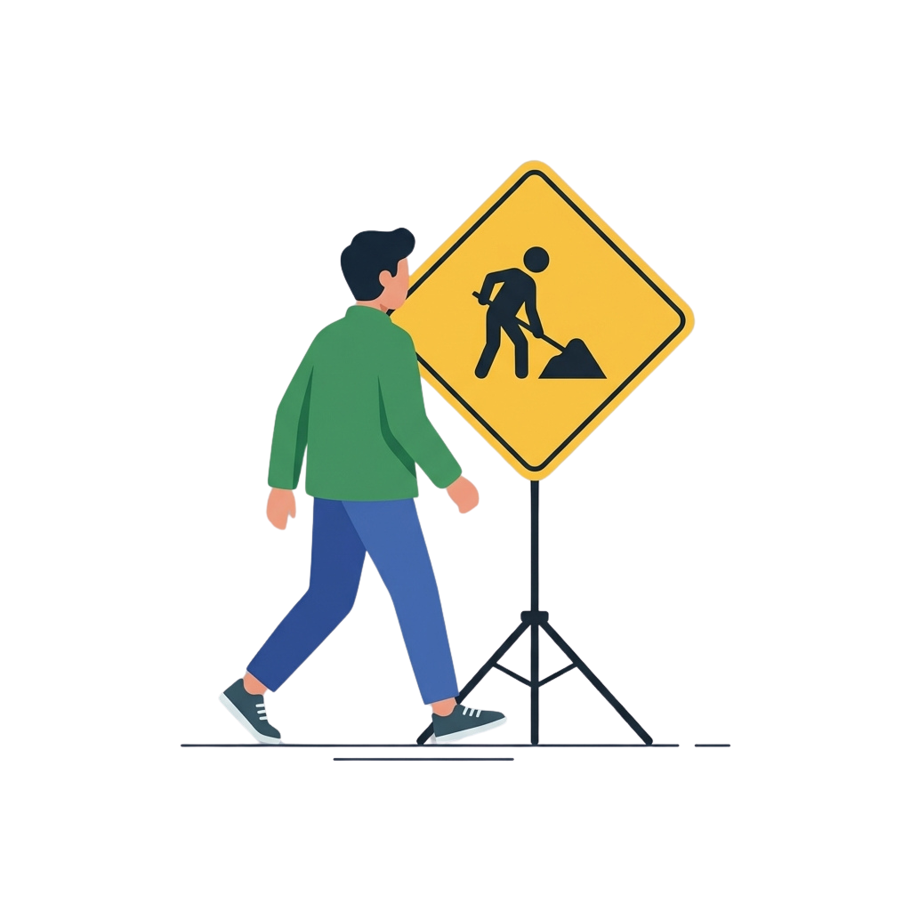 Person walking past a road construction warning sign with a shovel icon