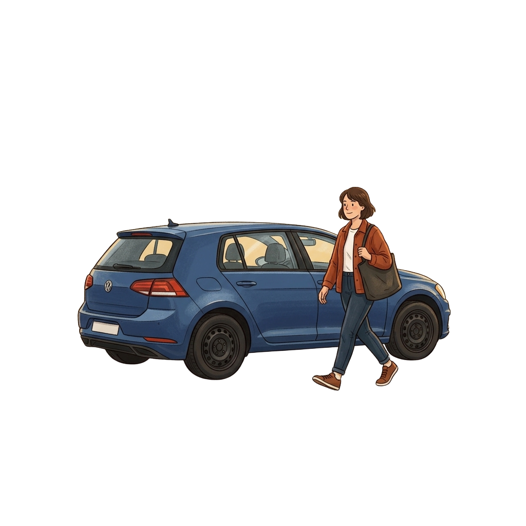A woman in casual clothing walks beside a blue compact car at nighttime.