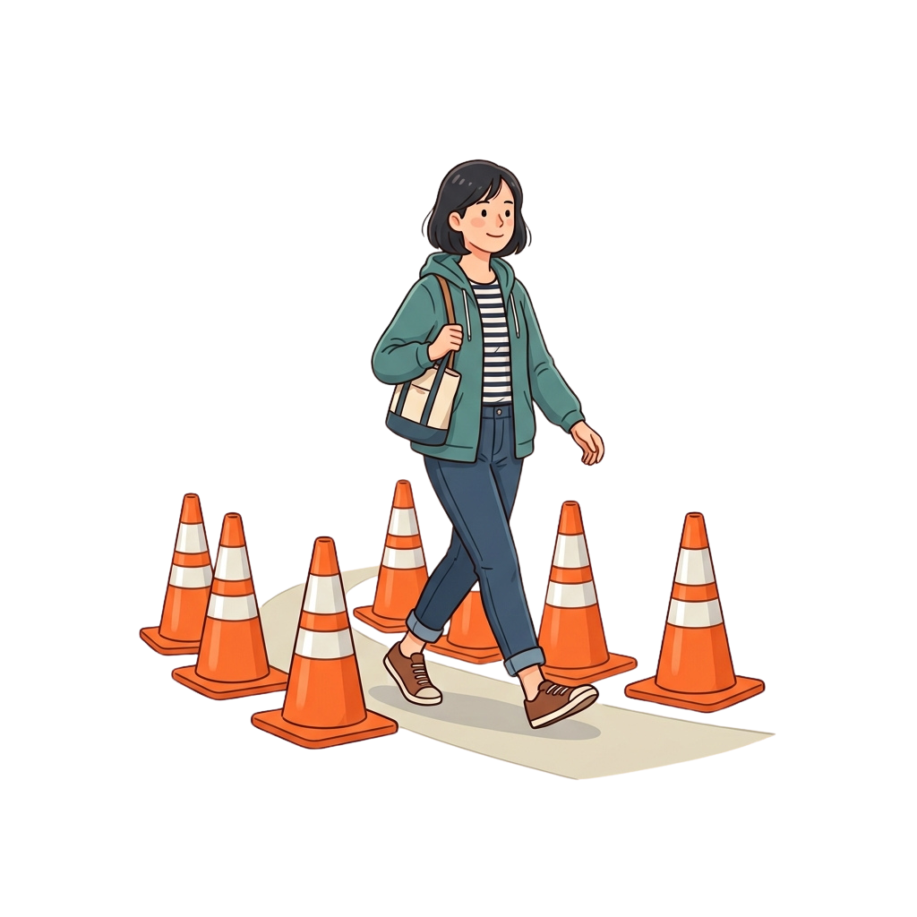 A person walking confidently through a path marked by orange traffic cones, carrying a backpack and holding a folder.