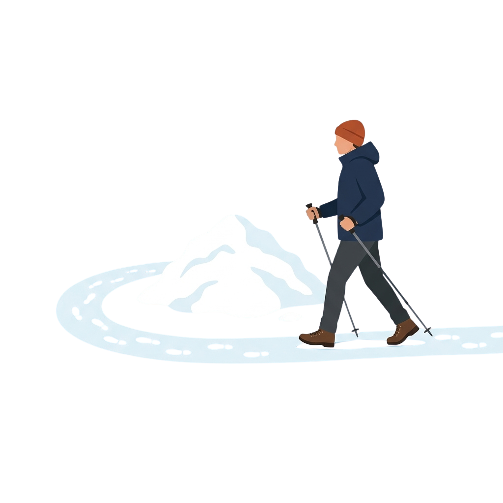 Illustration of a person hiking with ski poles on a snowy path beside a snow-covered mountain.
