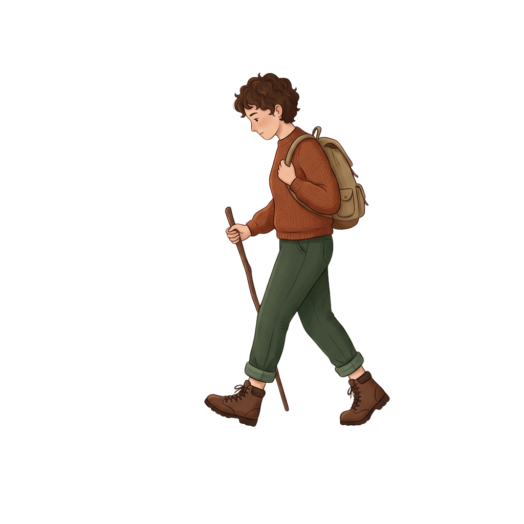 Person walking at night with a backpack and hiking pole on a dark path