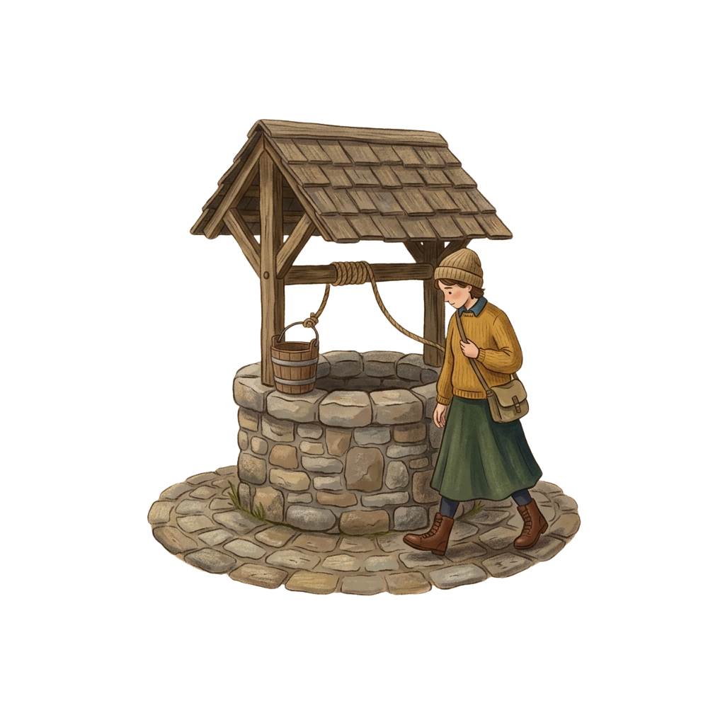Illustration of a person in period clothing operating a traditional wooden well with a bucket