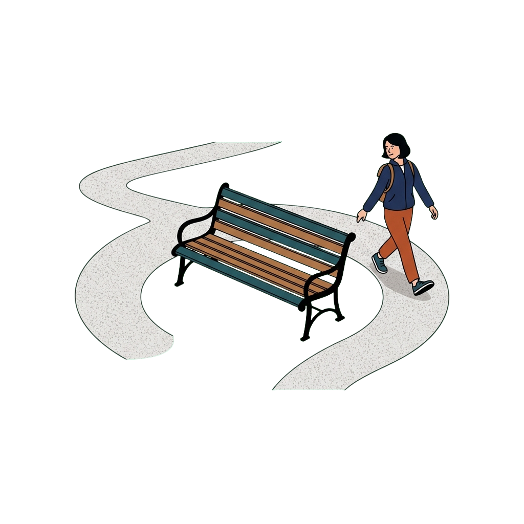Illustration of a person walking past a bench at a crossroads with two winding paths.