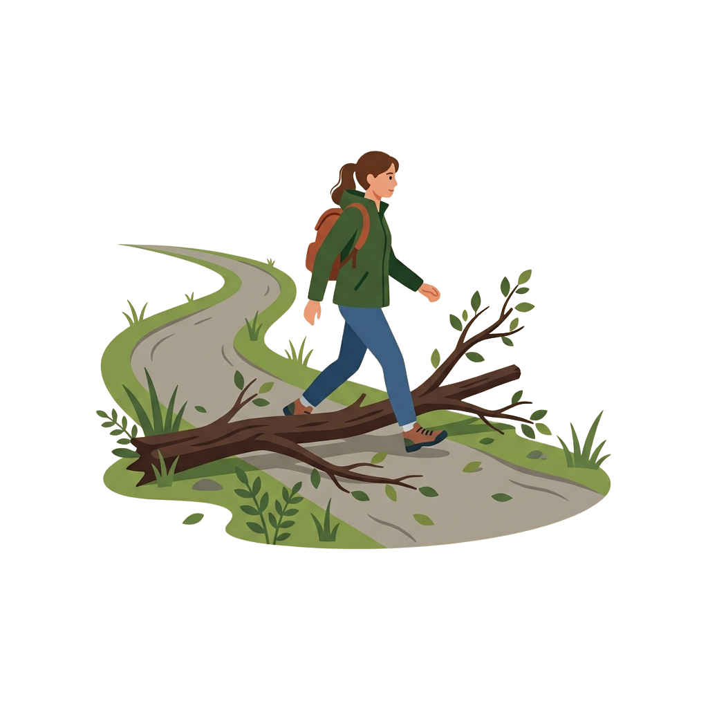 A person hiking on a winding trail steps over a fallen log in a forest setting.
