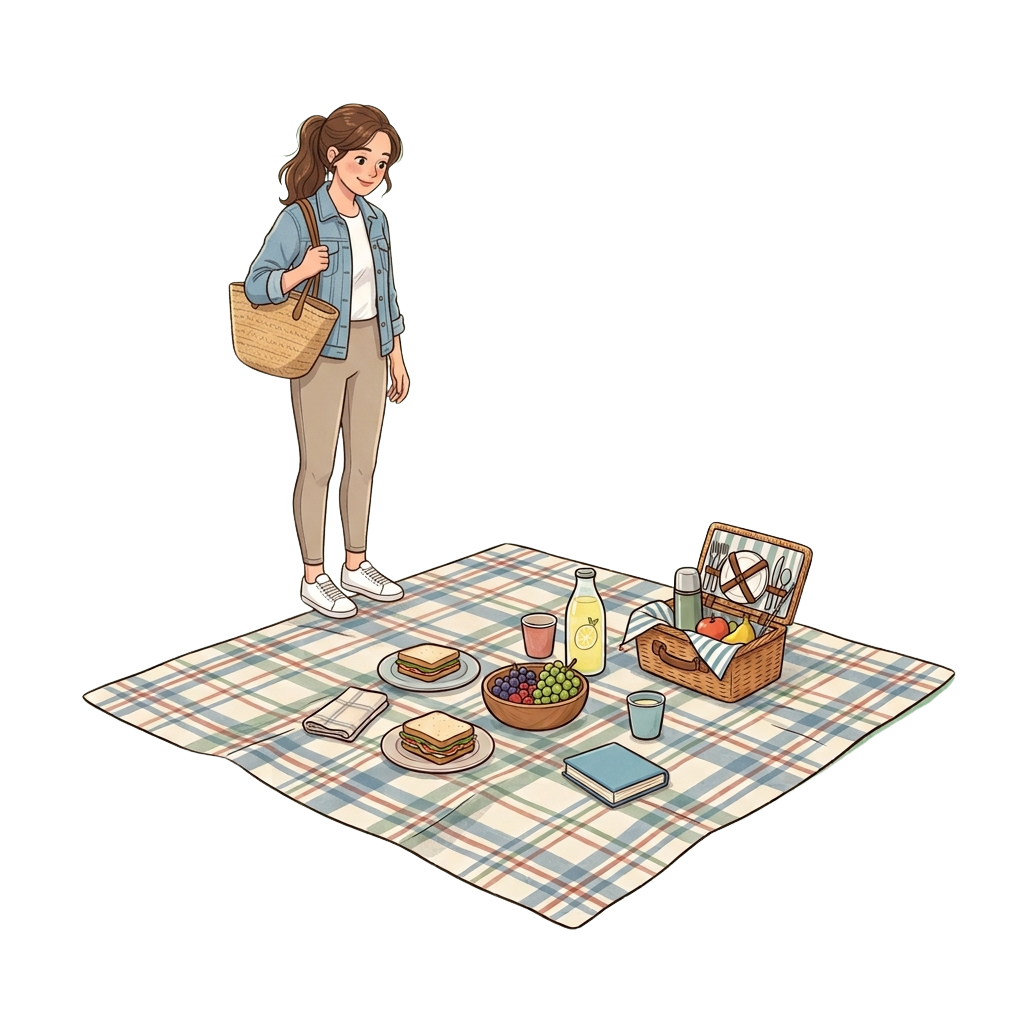 A woman standing beside a picnic setup with food, drinks, and a basket on a checkered blanket.