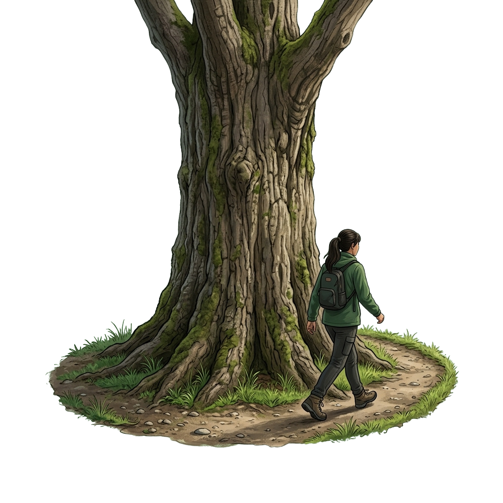 A person with a backpack walking beside a large, moss-covered tree in a dimly lit forest.