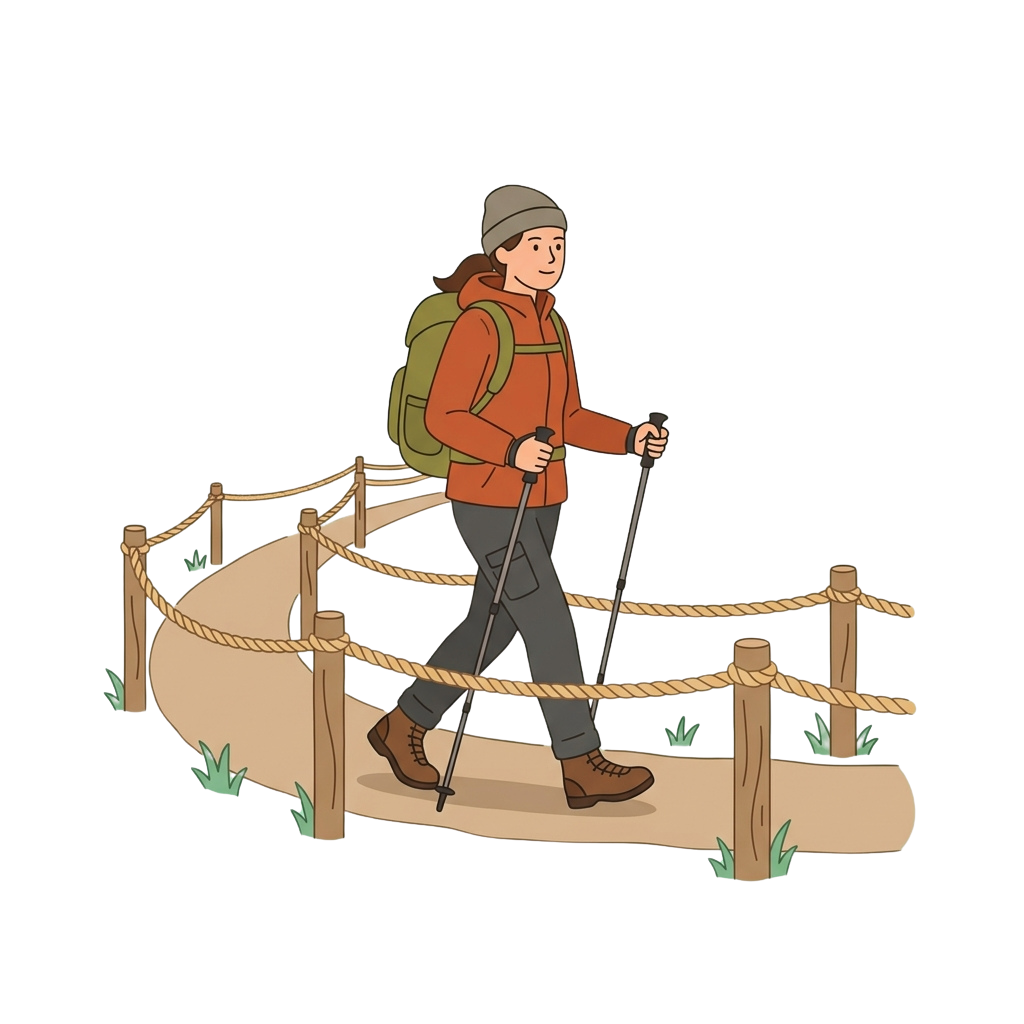 Person hiking with trekking poles on a wooden rope bridge path in nature