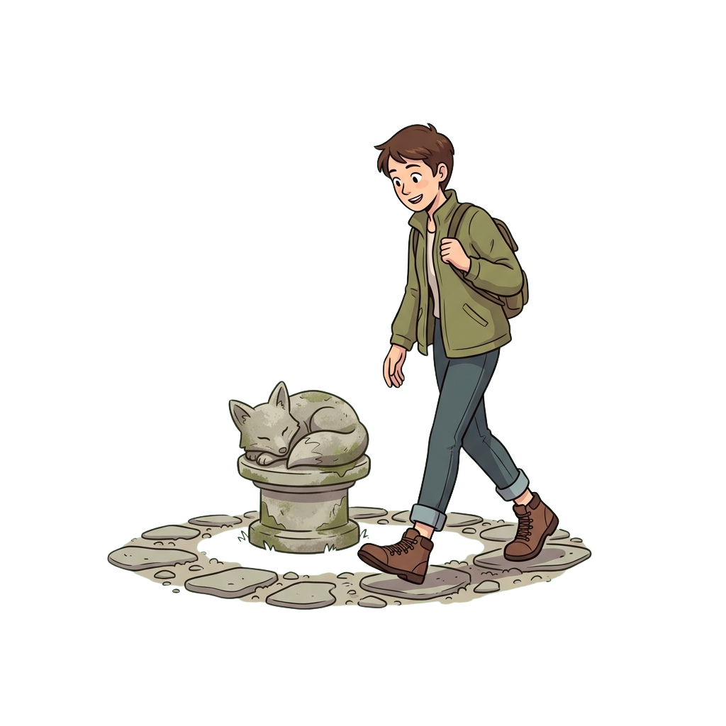 A boy in a jacket and backpack looks surprised near a chess board with a fox-shaped piece.