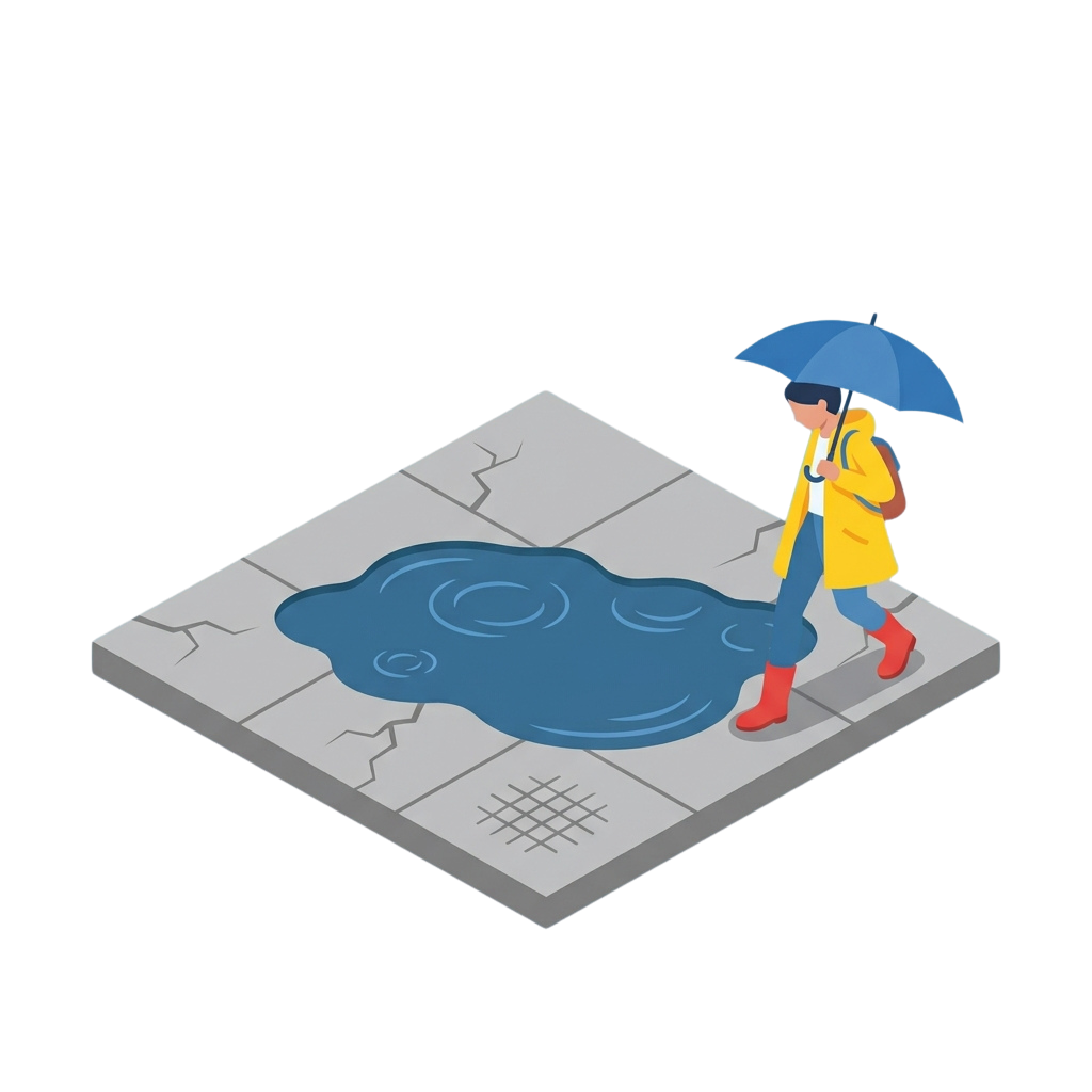 Person in yellow raincoat and red boots holding a blue umbrella walking around a large puddle on cracked pavement