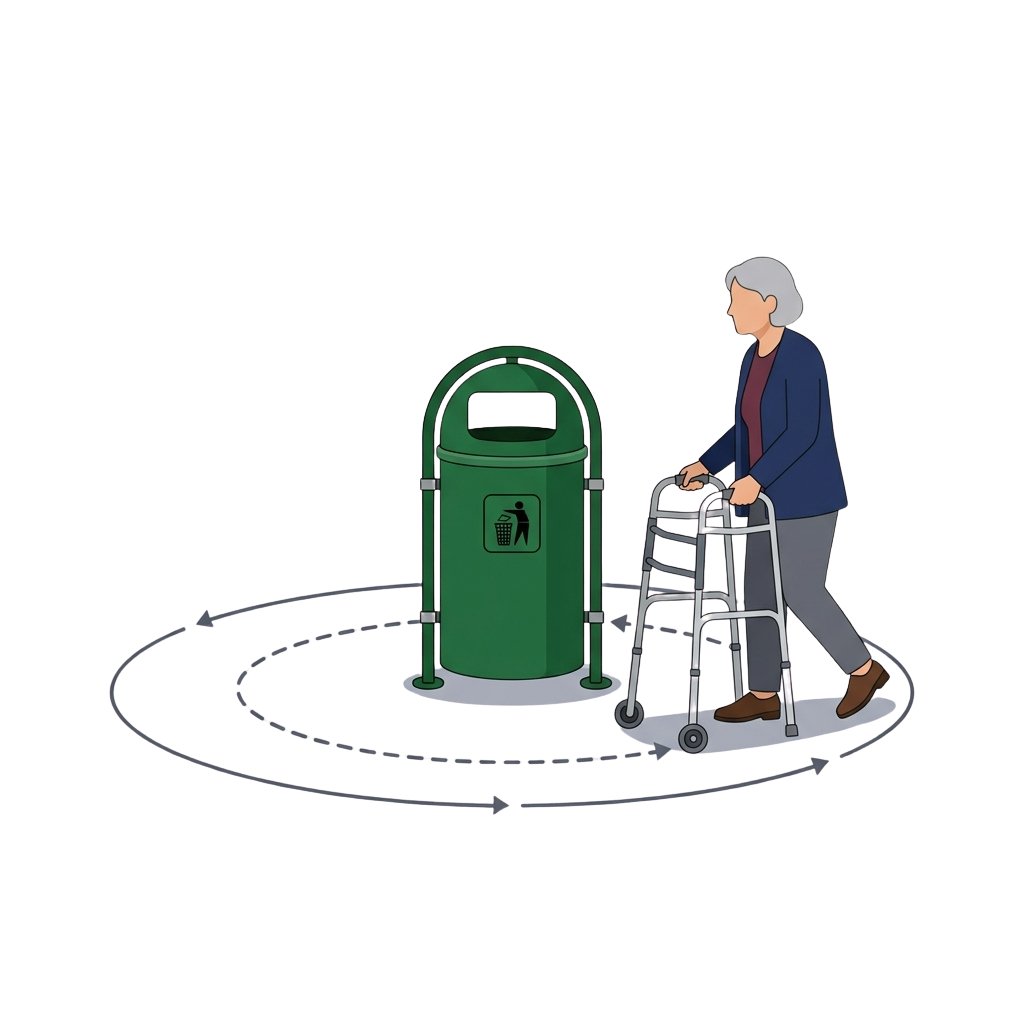 Elderly person using a walker next to a green recycling bin with accessibility symbol